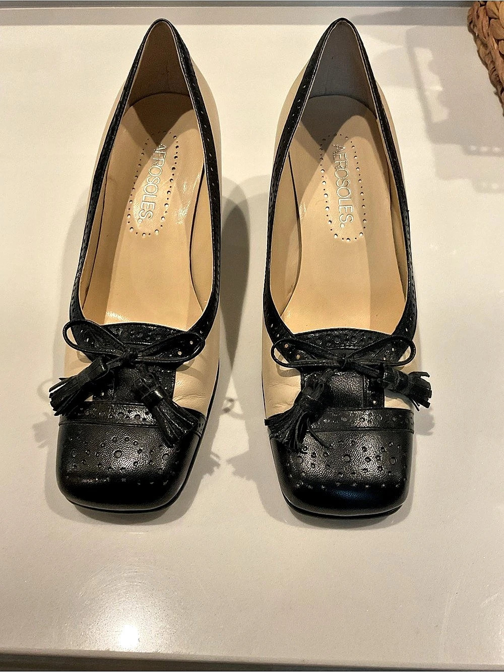 Aerosoles Two-Tone Tassel Pumps in Black & Beige